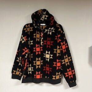 Sonoma Women's Black/ red/tan Sherpa Fleece Pullover Hoodie Sweatshirt -XL